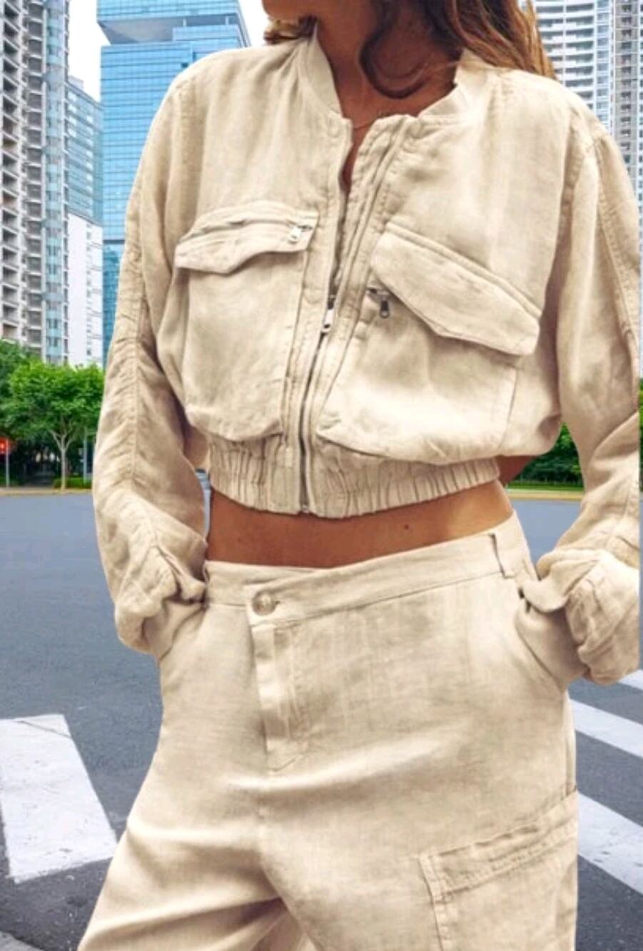 ZARA Linen Cropped Sand Bomber Size L Modern Lightweight Casual Effortless Boho